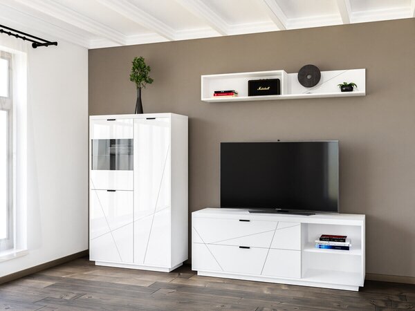 Set de living Fivale 111, Alb lucios, Alb, PAL laminat, Sticlă călită