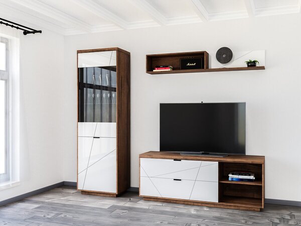 Set de living Fivale 113, Stejar Delano închis, Alb lucios, PAL laminat, Sticlă călită