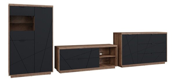 Set de living Fivale 110, Negru mat, Stejar Delano închis, PAL laminat, Sticlă călită