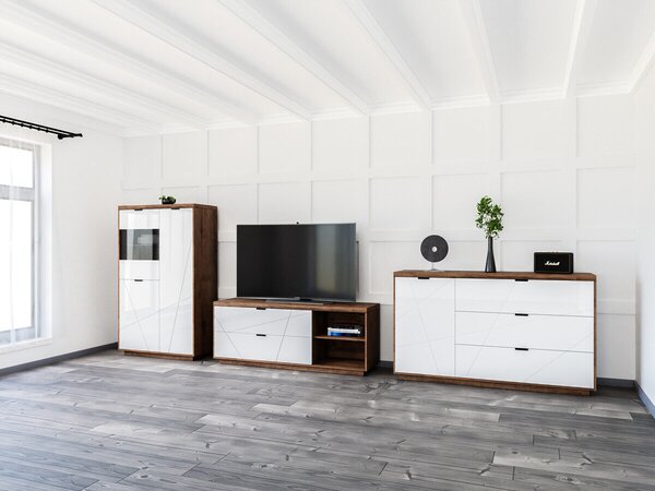 Set de living Fivale 110, Stejar Delano închis, Alb lucios, PAL laminat, Sticlă călită