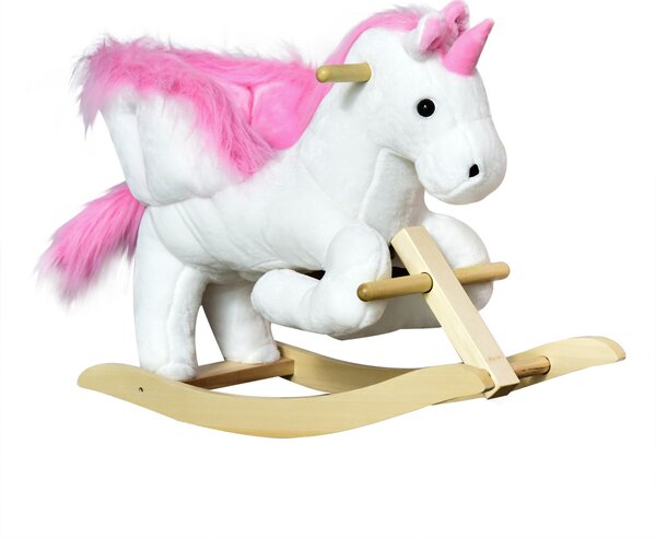 Cal tip Balansoar Unicorn cu Muzica HOMCOM, Structura din Metal si Lemn, Tepiterie din Plus, 65x32x55cm, Alb Roz | Aosom Romania