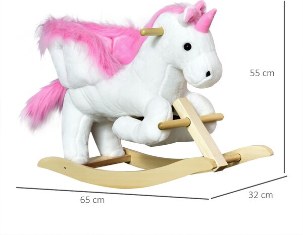 Cal tip Balansoar Unicorn cu Muzica HOMCOM, Structura din Metal si Lemn, Tepiterie din Plus, 65x32x55cm, Alb Roz | Aosom Romania