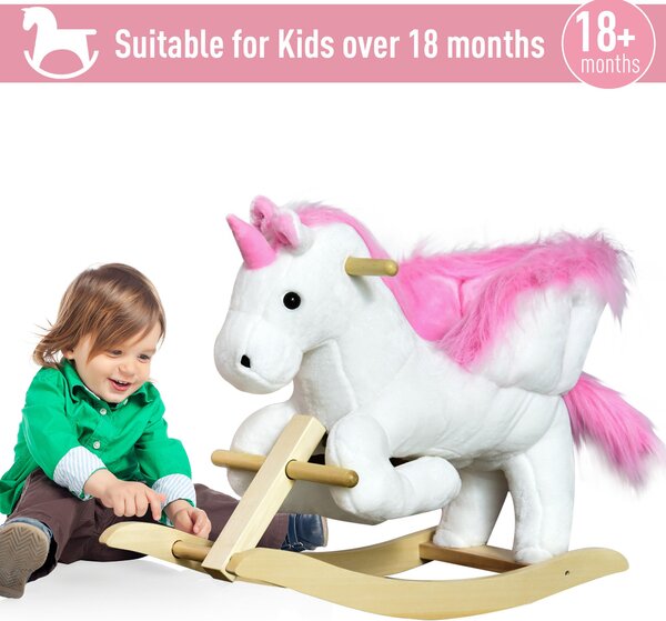 Cal tip Balansoar Unicorn cu Muzica HOMCOM, Structura din Metal si Lemn, Tepiterie din Plus, 65x32x55cm, Alb Roz | Aosom Romania