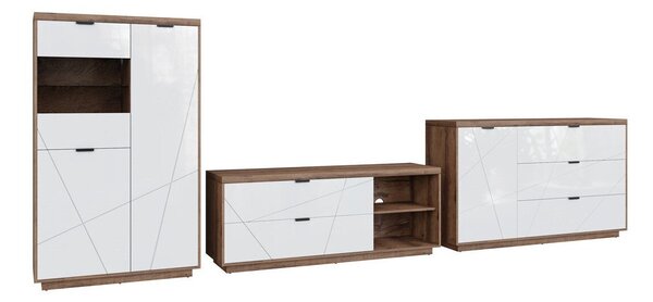 Set de living Fivale 110, Stejar Delano închis, Alb lucios, PAL laminat, Sticlă călită