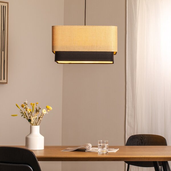 Maco Design Kwadro Duo lampă suspendată, negru/bej, 50x50cm, iută/satin, reglabil, Bej, Camera de zi / sufragerie, Țesătură / Textil