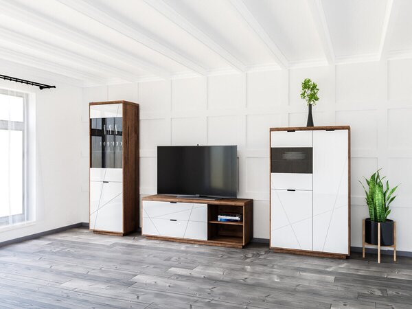 Set de living Fivale 112, Alb lucios, Stejar Delano închis, PAL laminat, Sticlă călită