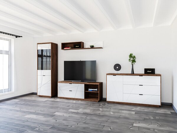 Set de living Fivale 114, Stejar Delano închis, Alb lucios, PAL laminat, Sticlă călită