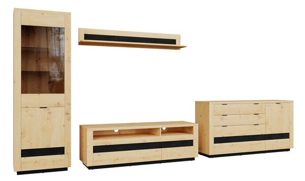 Set de living Sermeli 119, Stejar artizan, Negru, PAL laminat, Sticlă călită, MDF