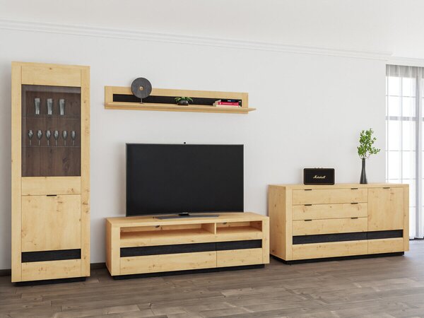 Set de living Sermeli 119, Stejar artizan, Negru, PAL laminat, Sticlă călită, MDF