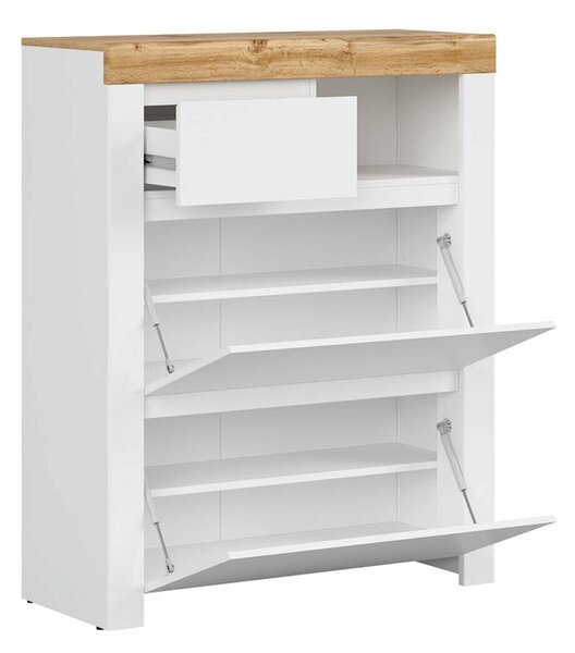 Dulap pantofi Sonsoru 119, Stejar Wotan, Alb, Alb lucios, PAL laminat, 115x93x37cm, 44 kg