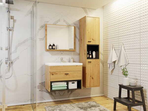 Cabinet de baie suspendat Velum, Stejar artizan, Negru, PAL laminat, 133x30x30cm, 19 kg