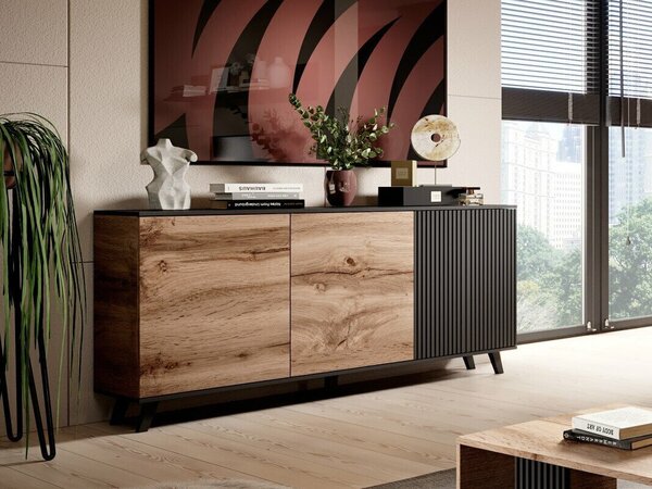 Bufet Luelia 120, Negru, Stejar Wotan, MDF, PAL laminat, 82x160x40cm, 47 kg