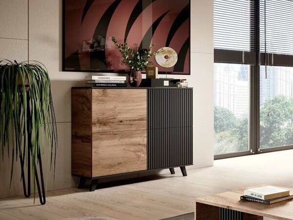 Bufet Luelia 119, Stejar Wotan, Negru, MDF, PAL laminat, 95x100x40cm, 38 kg