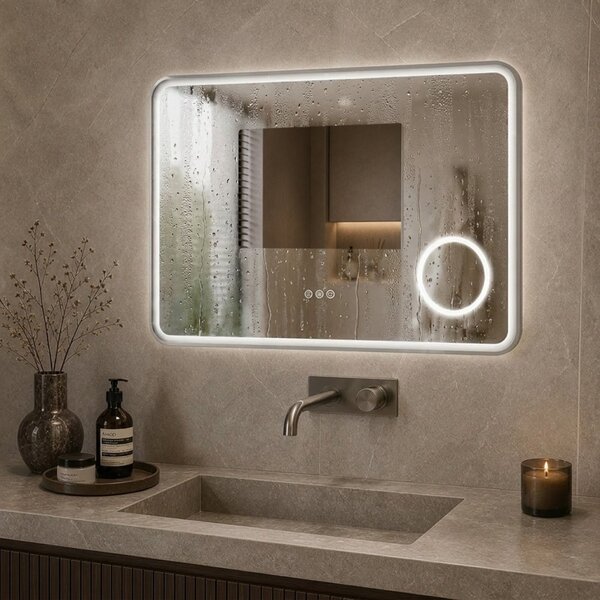 Mereo, Oglindă pătrată Mereo 80x60 cm, iluminare LED și dezaburitor, oglindă cosmetică, ramă gri oțel, MER-CN173S