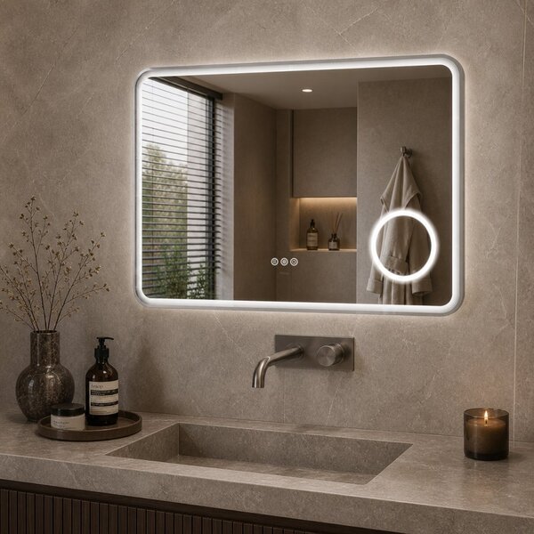 Mereo, Oglindă pătrată Mereo 80x60 cm, iluminare LED și dezaburitor, oglindă cosmetică, ramă gri oțel, MER-CN173S