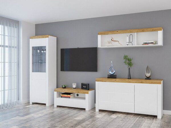 Set de living Sonsoru 144, Alb, Alb lucios, Stejar Wotan, PAL laminat, Sticlă călită