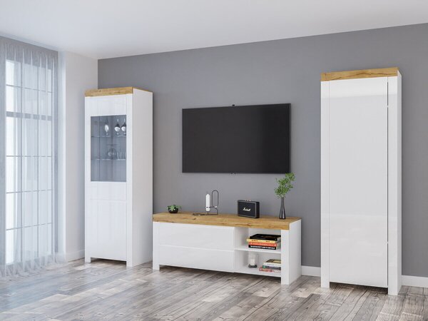 Set de living Sonsoru 148, Stejar Wotan, Alb, Alb lucios, PAL laminat, Sticlă călită