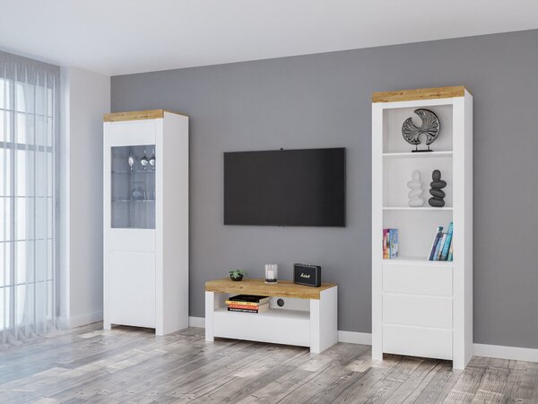 Set de living Sonsoru 145, Alb, Alb lucios, Stejar Wotan, PAL laminat, Sticlă călită
