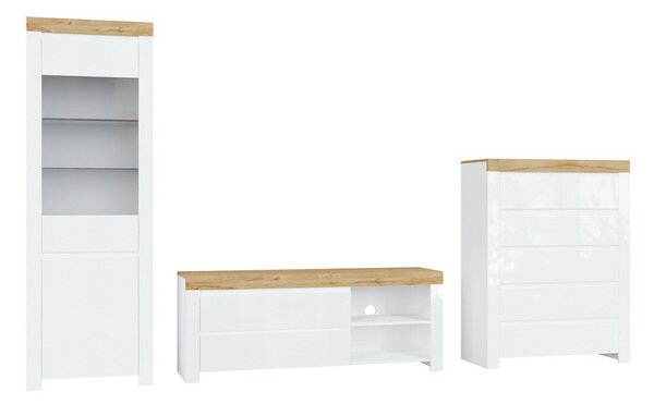 Set de living Sonsoru 149, Stejar Wotan, Alb, Alb lucios, PAL laminat, Sticlă călită