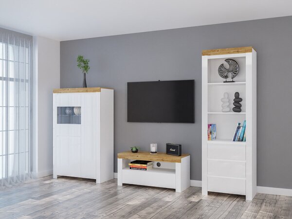 Set de living Sonsoru 146, Alb, Alb lucios, Stejar Wotan, PAL laminat, Sticlă călită