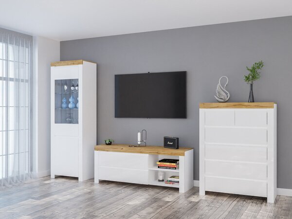 Set de living Sonsoru 149, Stejar Wotan, Alb, Alb lucios, PAL laminat, Sticlă călită