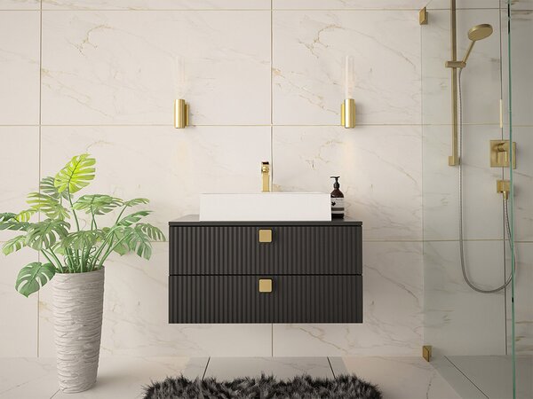 Cabinet atârnat pentru baie Panium, Negru, PAL laminat, MDF, 42x80x46cm, 24 kg