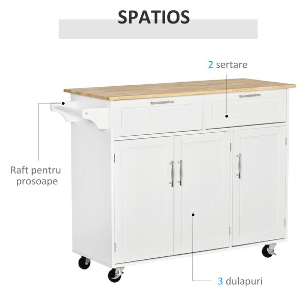 HOMCOM Cărucior Bucătărie Multifuncțional cu Spațiu Depozitare, 121x46x91 cm, Design Modern, Alb | Aosom Romania