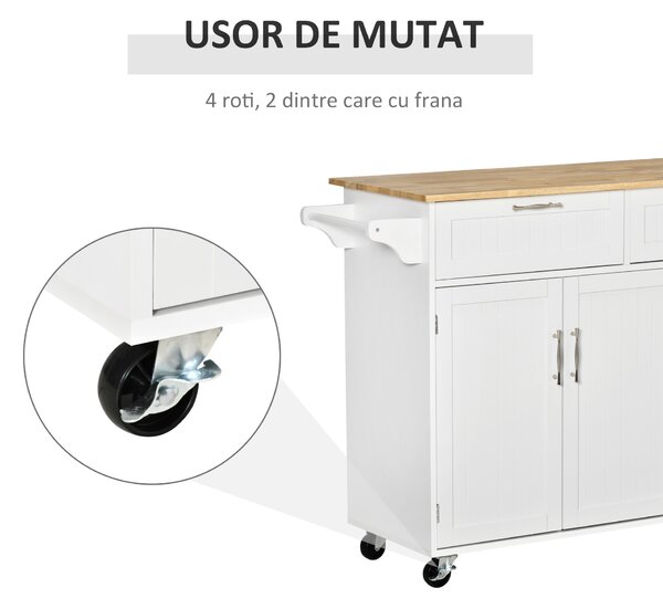 HOMCOM Cărucior Bucătărie Multifuncțional cu Spațiu Depozitare, 121x46x91 cm, Design Modern, Alb | Aosom Romania
