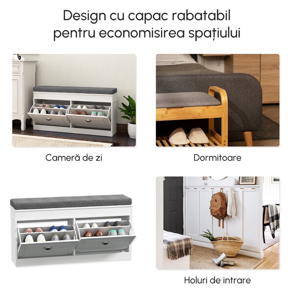 Banchetă-Pantofar HOMCOM din Lemn cu Spațiu de Depozitare, 104x24x55 cm, Design Modern, Alb | Aosom Romania