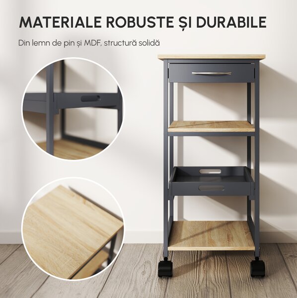 Cărucior de bucătărie Suport pentru alimente cu sertar, 2 rafturi si tavă detașabilă, din lemn 37x37x76cm gri HOMCOM | Aosom Romania