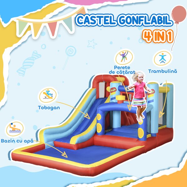 Castel Gonflabil pentru Copii Outsunny 4 in 1,4.35x2.45x2m,Albastru, Rosu, Galben| Aosom RO