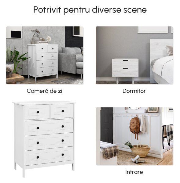 HOMCOM Comoda cu Sertare, Unitate de Organizare si Depozitare cu 5 Sertare, cu Manere, pentru Dormitor, Camera de Zi, Alb