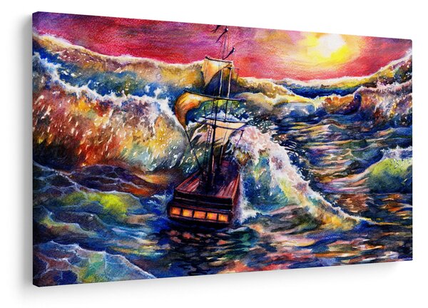 Tablou - Navă pe valurile oceanului, aquarelă (90x60 cm)