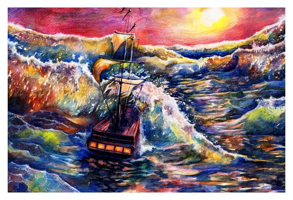 Tablou - Navă pe valurile oceanului, aquarelă (90x60 cm)