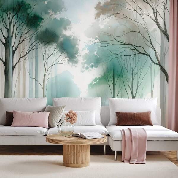 Fototapet pădure în acuarelă în ceață