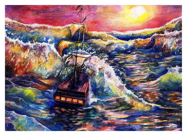 Tablou - Navă pe valurile oceanului, aquarelă (70x50 cm)