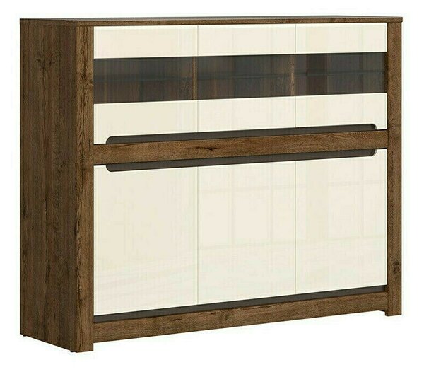 Bufet Ophevaru 102, Crem lucios, April stejar, MDF, PAL laminat, Sticlă călită, 121x149x46cm, 86 kg