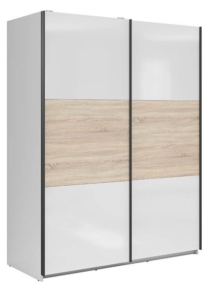 Dulap Livevaro 117, Stejar Sonoma, Alb lucios, 196x154x60cm, 126.4 kg, Uși dulap: Glisante, Numărul de rafturi: 5, Numărul de rafturi: 5