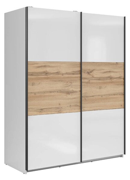 Dulap Livevaro 117, Alb lucios, Stejar Wotan, 196x154x60cm, 126.4 kg, Uși dulap: Glisante, Numărul de rafturi: 5, Numărul de rafturi: 5