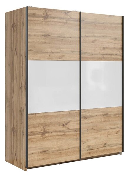 Dulap Livevaro 117, Stejar Wotan, Alb, 196x154x60cm, 126.4 kg, Uși dulap: Glisante, Numărul de rafturi: 5, Numărul de rafturi: 5