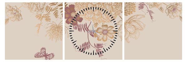 Tablou - Vintage, flori și fluturi (cu ceas) (90x30 cm)