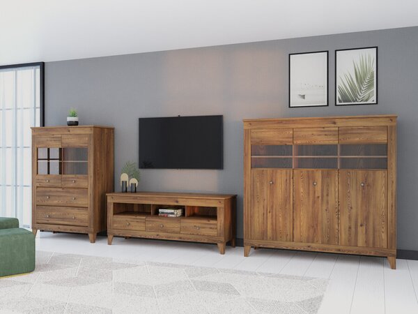 Set de living Lirmora 124, Larice Sibu auriu, PAL laminat, Sticlă călită
