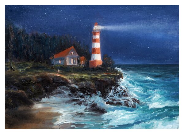 Tablou pe sticlă - Far pe malul oceanului, aquarelă (70x50 cm)