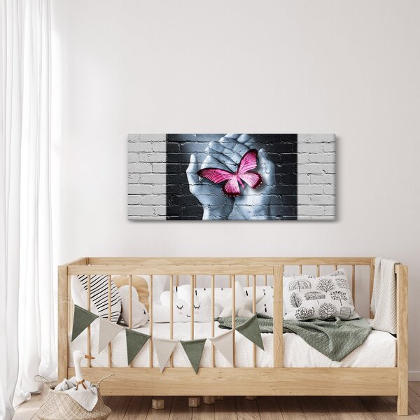 Tablou - Fluture roz în perete (120x50 cm)