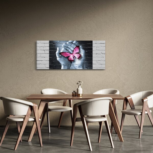 Tablou - Fluture roz în perete (120x50 cm)