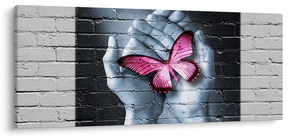 Tablou - Fluture roz în perete (120x50 cm)