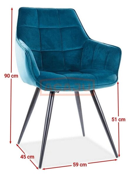 Scaun Lilia, turcoaz/negru, stofa catifelata/metal, 59x45x90 cm