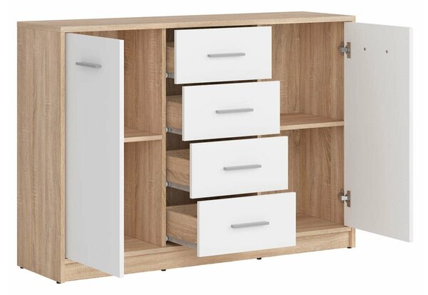 Comodă Novsore 118, Stejar Sonoma, Alb, PAL laminat, 84x119x34cm, 42.1 kg