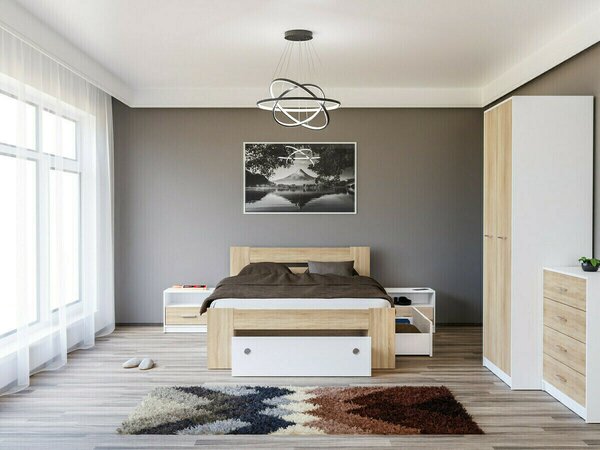 Set dormitor Novsore 147, Stejar Sonoma, Alb, PAL laminat