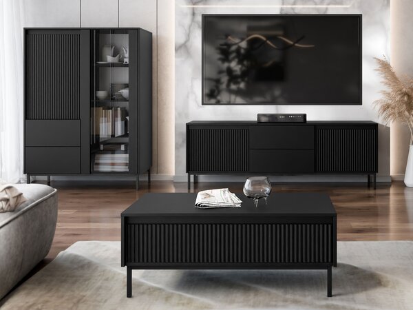 Set de living Comfivo Delruva V, Negru, PAL laminat, Sticlă călită, MDF